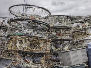 Ring crab traps stacked together on a commercial fishing boat in the Pacific Northwest